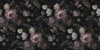 Bild Beautiful pink roses and garden flowers. Floral vintage seamless pattern.