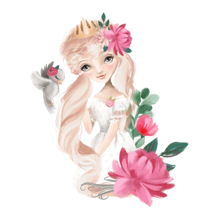 Bild Beautiful princess girl in crown with long hair, bird and flowers, floral bouquet