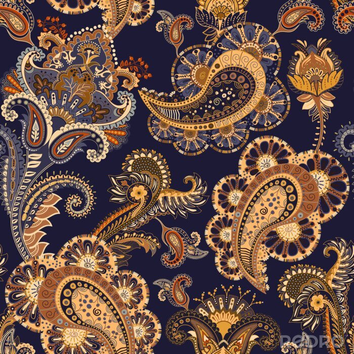 Bild Beige blaue orientalische Blumen und Blätter