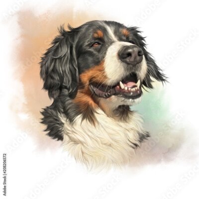 Bild Berner Sennenhund. Realistisches Porträt von Berner Sennenhund auf Aquarellhintergrund. Große Hunderassen. Tierkunstsammlung: Hunde. Hand gezeichnete Haustierillustration. Gut für T-Shirt, Kissen, Tie