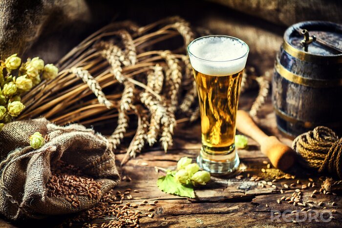 Bild Bier im Glas Hopfen und Fass