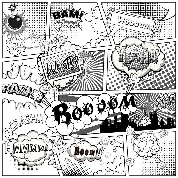 Bild Black and white comic book page divided by lines with speech bubbles and sounds effect. Illustration.