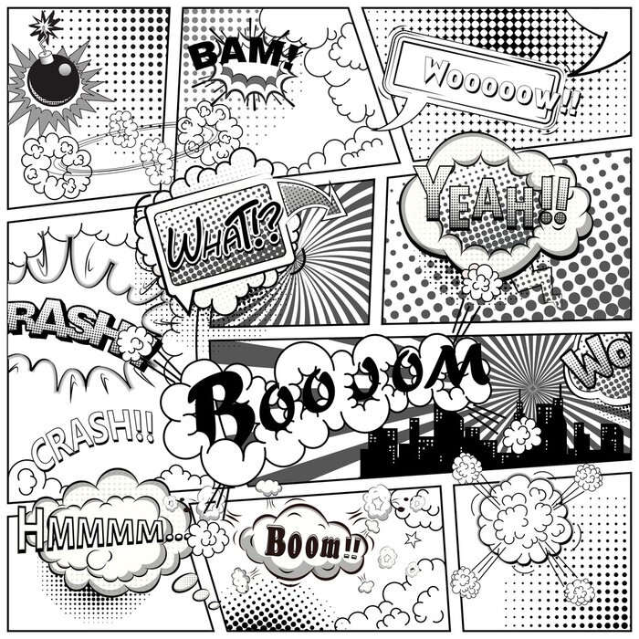 Bild Black and white comic book page divided by lines with speech bubbles and sounds effect. Illustration.