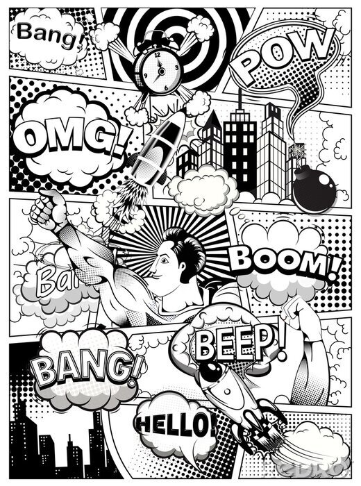 Bild Black and white comic book page divided by lines with speech bubbles, rocket, superhero and sounds effect. Illustration