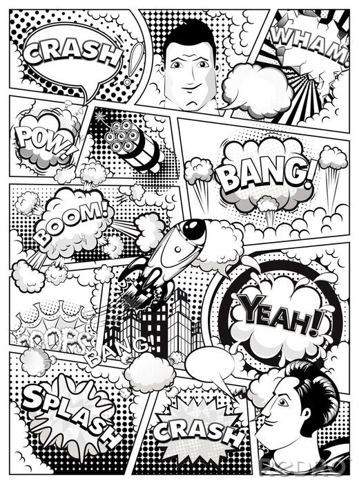 Bild Black and white comic book page divided by lines with speech bubbles, rocket, superhero and sounds effect. Illustration