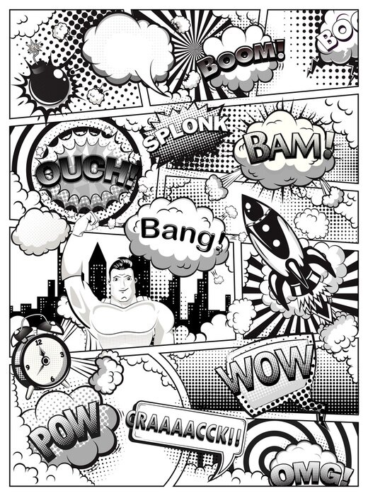 Bild Black and white comic book page divided by lines with speech bubbles, rocket, superhero and sounds effect. Illustration