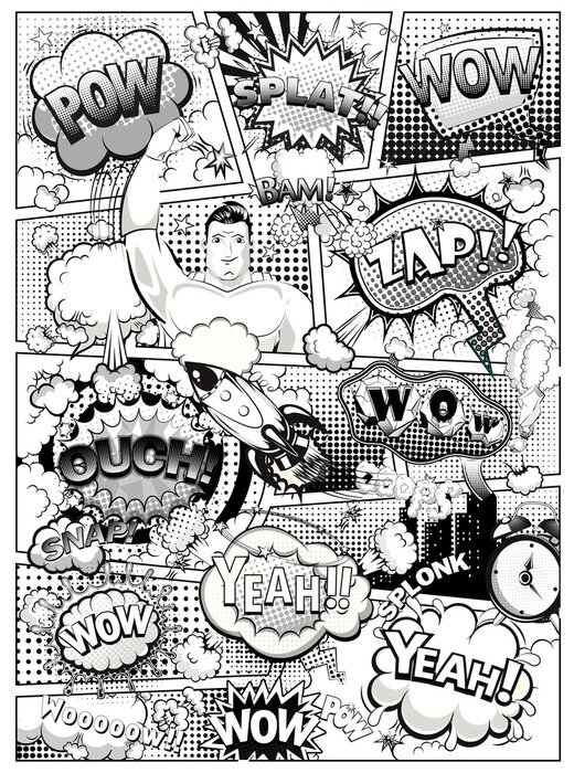 Bild Black and white comic book page divided by lines with speech bubbles, rocket, superhero and sounds effect. Illustration