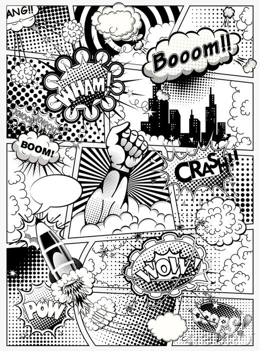 Bild Black and white comic book page divided by lines with speech bubbles, rocket, superhero hand and sounds effect. Illustration
