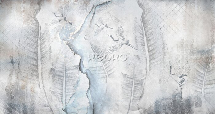 Bild Blätter und Kraniche auf einer Betonwand