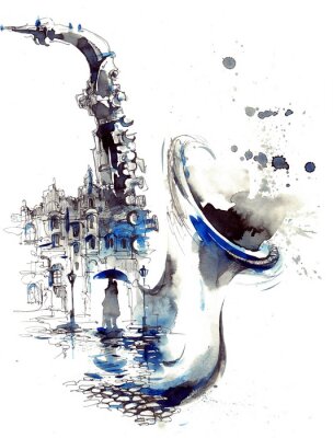 Bild Blasinstrumente Saxophon vor dem Hintergrund der Stadt