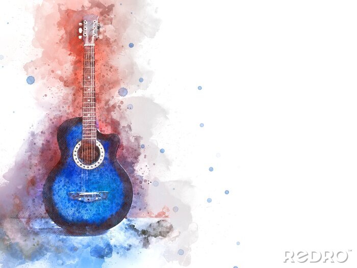 Bild Blaue Gitarre, mit Wasserfarben bemaltes Instrument