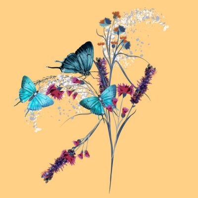 Blaue Schmetterlinge und ein Blumenzweig