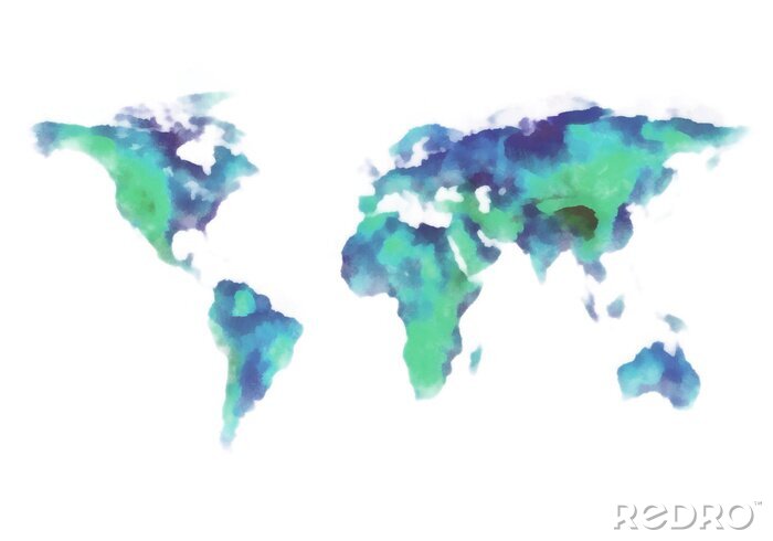 Bild blaue und grüne Weltkarte, Aquarellmalerei