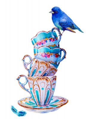 Bild Blauer Vogel und Shabby-Chic-Tassen