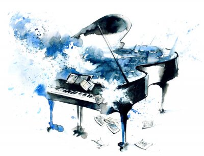 Fototapete Blaues Klavier gemalt mit Aquarell
