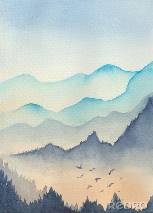 Bild Blue mountains landscape in the fog with bird