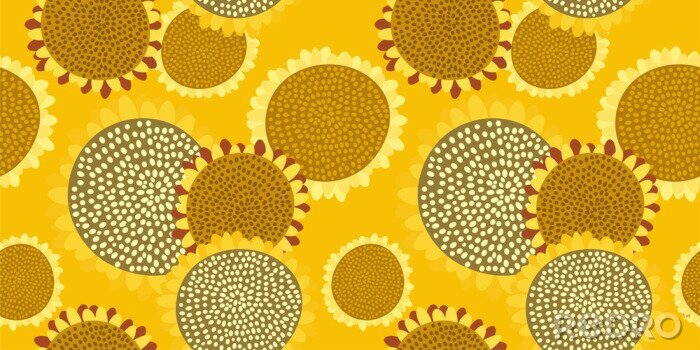 Bild Bright seamless pattern with sunflowers on a rich yellow background. Abstract floral print in hand-drawn style. Excellent design for fabrics, Wallpaper, sunflower oil packaging, health food...Vector.