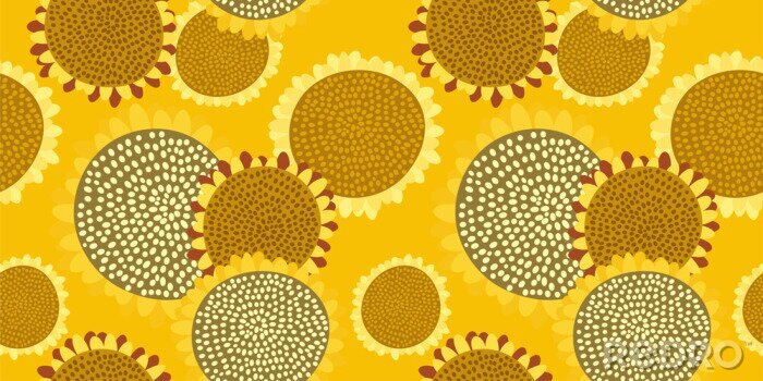 Bild Bright seamless pattern with sunflowers on a rich yellow background. Abstract floral print in hand-drawn style. Excellent design for fabrics, Wallpaper, sunflower oil packaging, health food...Vector.