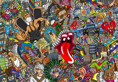 Bild Bunte Graffiti-Collage mit Motiven aus Musik und Popkultur