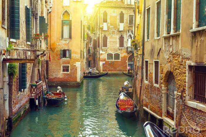 Bild Bunte Häuschen und Gondeln in Venedig