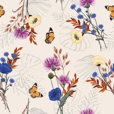 Bunte Wildblumen und Monstera-Blätter