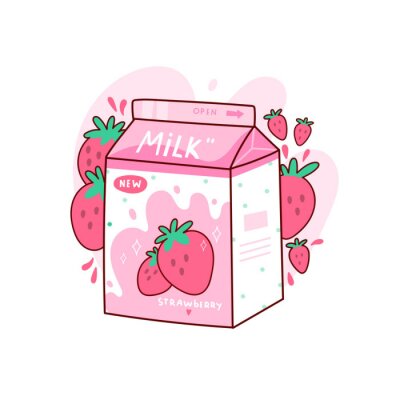 Carton of tasty strawberry milk. Japanese style packaging design. Asian product. Hand drawn colored trendy vector illustration. Kawaii anime design. Cartoon style