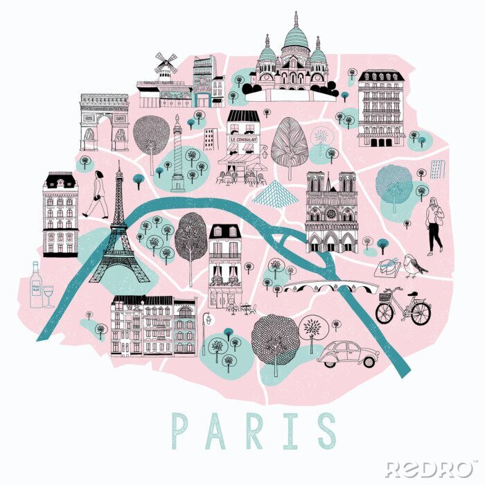 Bild Cartoon Map of Paris with Legend Icons. Print Design