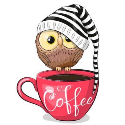 Cartoon owl is sitting on a Cup of coffee