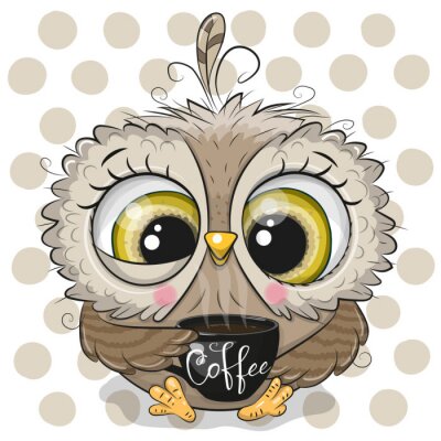 Sticker Cartoon owl with black Cup of coffee