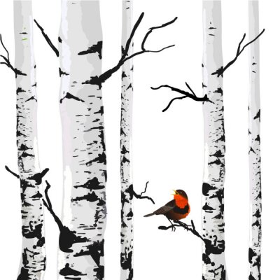 Bild Cartoonartiger Vogel inmitten von Birken