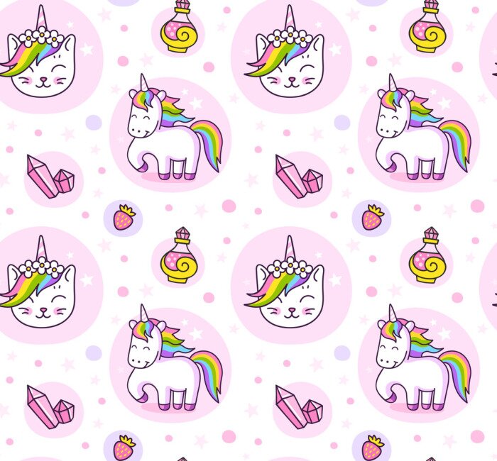 Bild Cats, unicorns and magic crystals. Cute seamless pattern for wallpaper, textile, fabric, print, bed linen. Vector illustration.