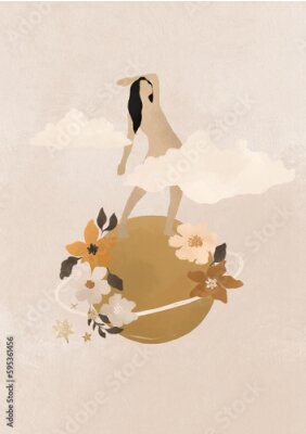 Bild celestial woman space boho groovy magical composition poster clipart moon planet day yoga wall art