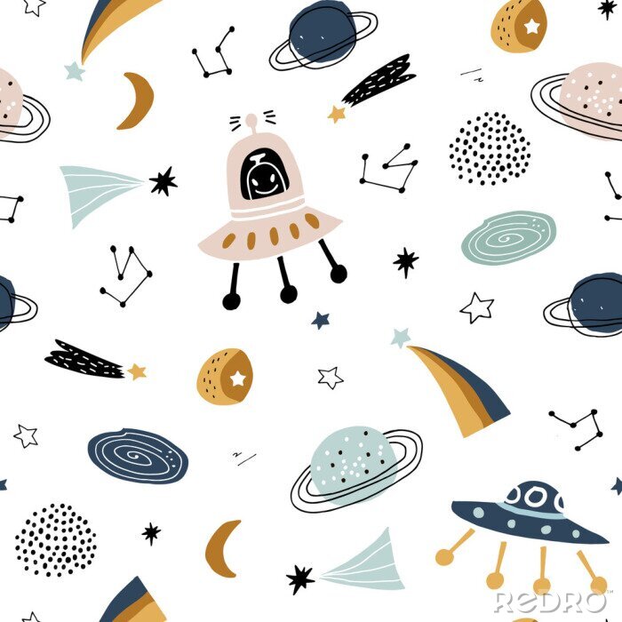 Bild Childish seamless pattern with aliens, ufo in cosmos. Trendy scandinavian vector background. Perfect for kids apparel,fabric, textile, nursery decoration,wrapping paper