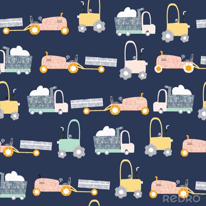 Bild Childish seamless pattern with truck and tractor. Scandinavian kids print. Vector hand drawn illustration.
