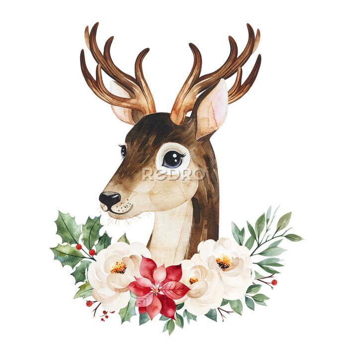 Bild Christmas and New Year collection.Winter composition with leaves,branches,flowers,berries,holly and cute deer.Handpainted watercolor illustration.Perfect for invitations and greeting cards.