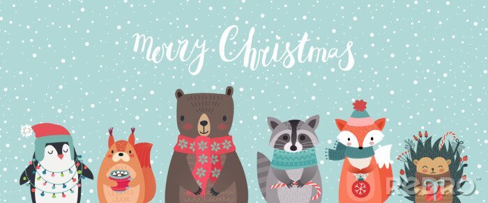 Bild Christmas card with animals, hand drawn style.