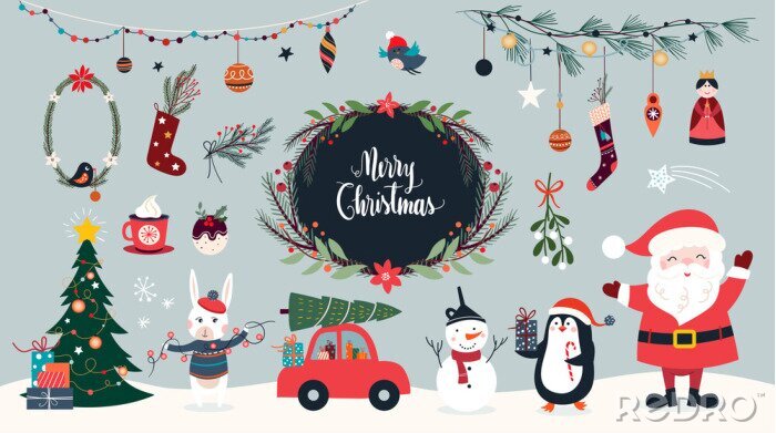 Bild Christmas collection of seasonal elements with Santa and snowman, hand drawn items, vector design