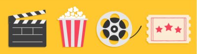 Bild Cinema icon set line. Popcorn box package Big movie reel. Open clapper board. Ticket Admit one. Three star. Flat design style. Yellow background. Isolated.