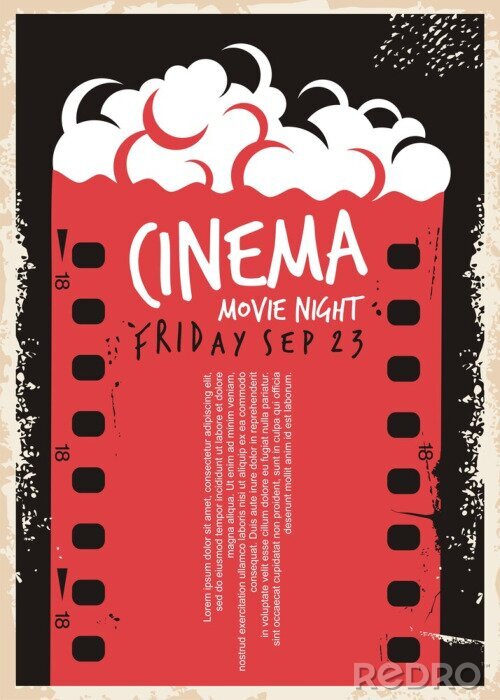 Bild Cinema movie poster with film strip and pop corn. Movie night flyer template. Retro ad cinema concept on old paper textured background. Vintage vector illustration.