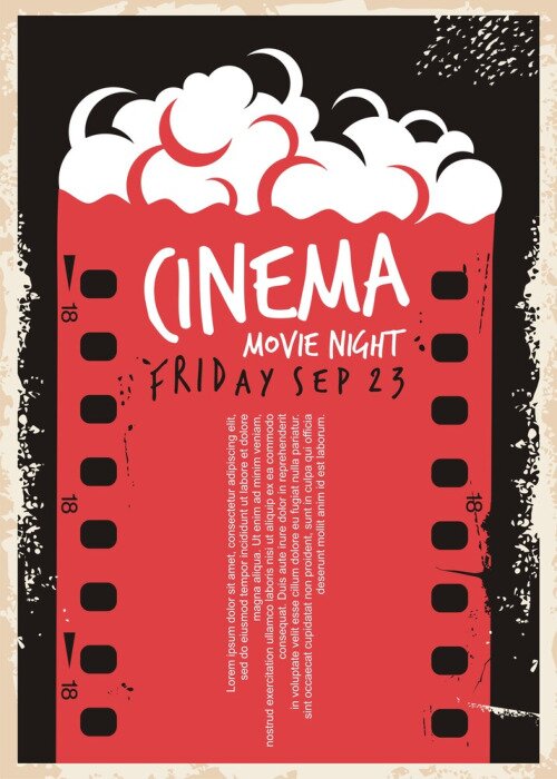 Bild Cinema movie poster with film strip and pop corn. Movie night flyer template. Retro ad cinema concept on old paper textured background. Vintage vector illustration.