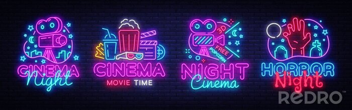 Bild Cinema night set neon sing, label and logo. Cinema banner Design template, logo, emblem and label. Bright signboard, nightly bright advertising. Movie logo. Vector illustration