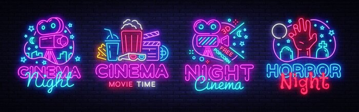 Bild Cinema night set neon sing, label and logo. Cinema banner Design template, logo, emblem and label. Bright signboard, nightly bright advertising. Movie logo. Vector illustration