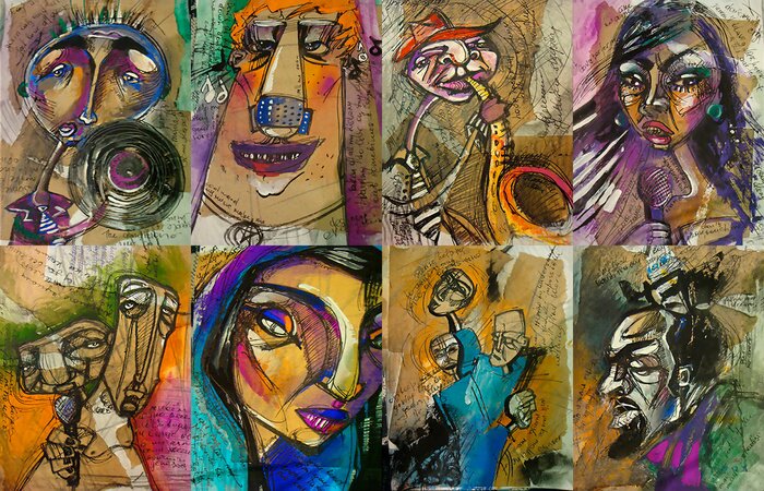 Bild Collage von Musikern und Instrumenten