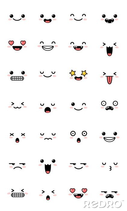 Bild Collection of sweet kawaii emoticon emoji. Set of cute cartoon manga emotions