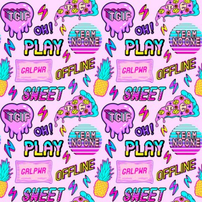 Bild Colorful seamless pattern with vaporware style patches, stickers with pineapples, pizza slices, hearts, words and abbreviations "TGIF", "team no one", "offline", "play", etc. Pink background.