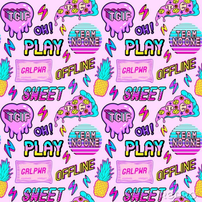 Bild Colorful seamless pattern with vaporware style patches, stickers with pineapples, pizza slices, hearts, words and abbreviations &quot;TGIF&quot;, &quot;team no one&quot;, &quot;offline&quot;, &quot;play&quot;, etc. Pink background.