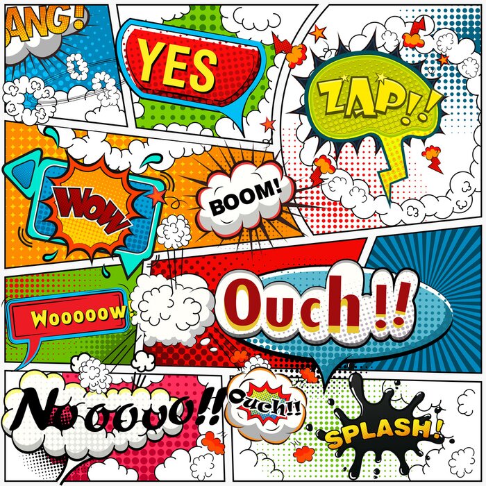 Bild Comic-Buchseite geteilt durch Linien mit Sprechblasen, Klangeffekt. Retro-Hintergrund Mock-up. Comics-Vorlage. Illustration