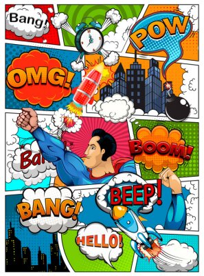 Bild Comic-Buchseite geteilt durch Linien mit Sprechblasen, Raketen, Superhelden und Soundeffekt. Retro-Hintergrund-Modell. Comic-Vorlage. Illustration
