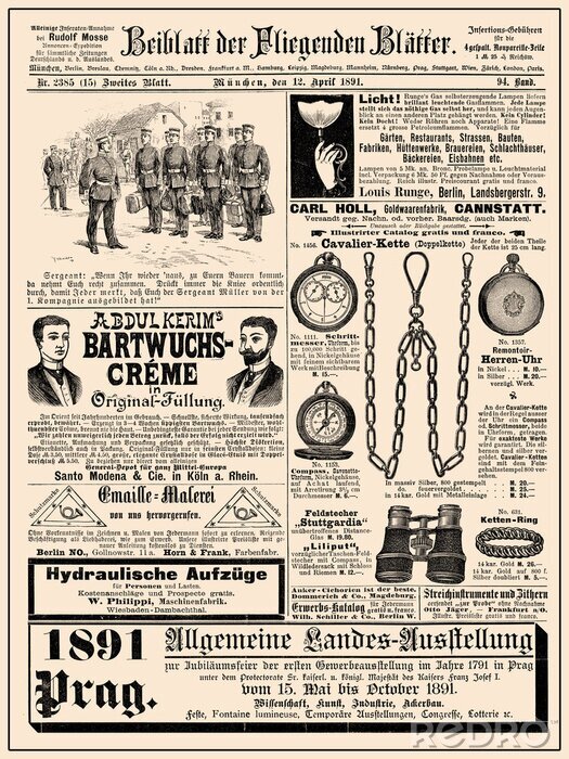 Bild Commercial magazine advertising page in German with many promotion banners,vignettes and caricatures; dated 1891