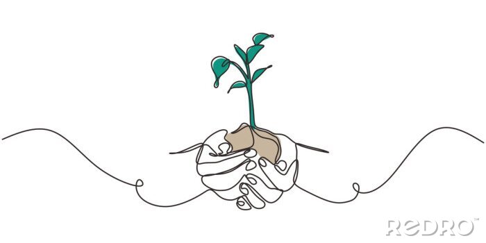 Bild Continuous one line drawing of plant in hand. Hands holding nature sign and symbol vector illustration. Minimalism design and simplicity sketch hand drawn.